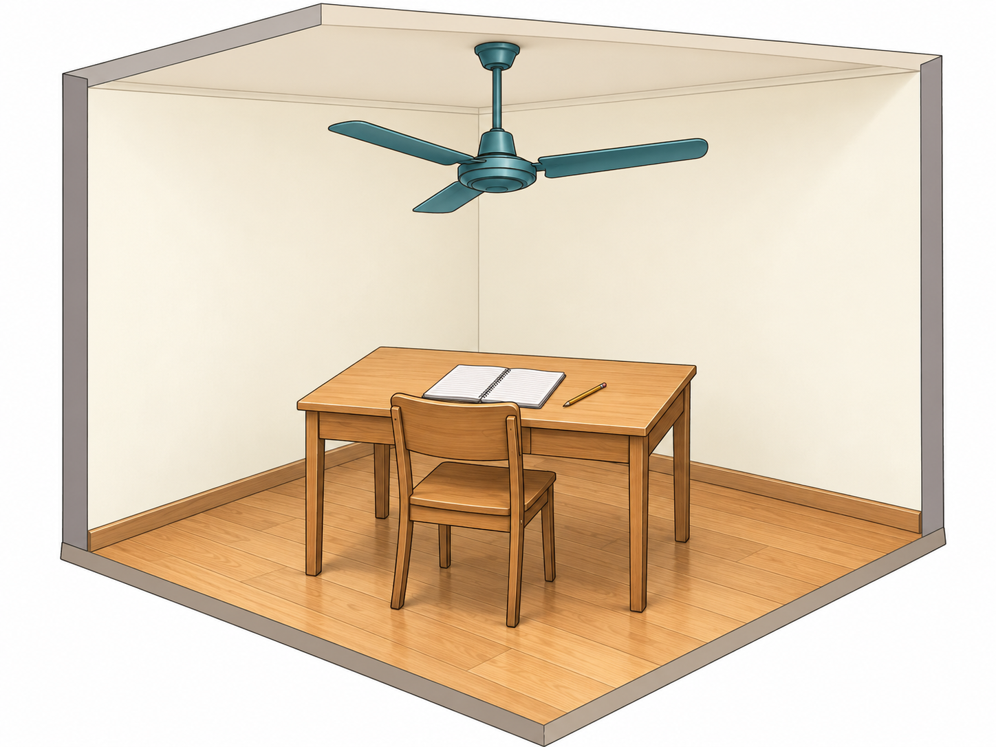 Three-quarter room cutaway showing a ceiling fan directly above a study desk